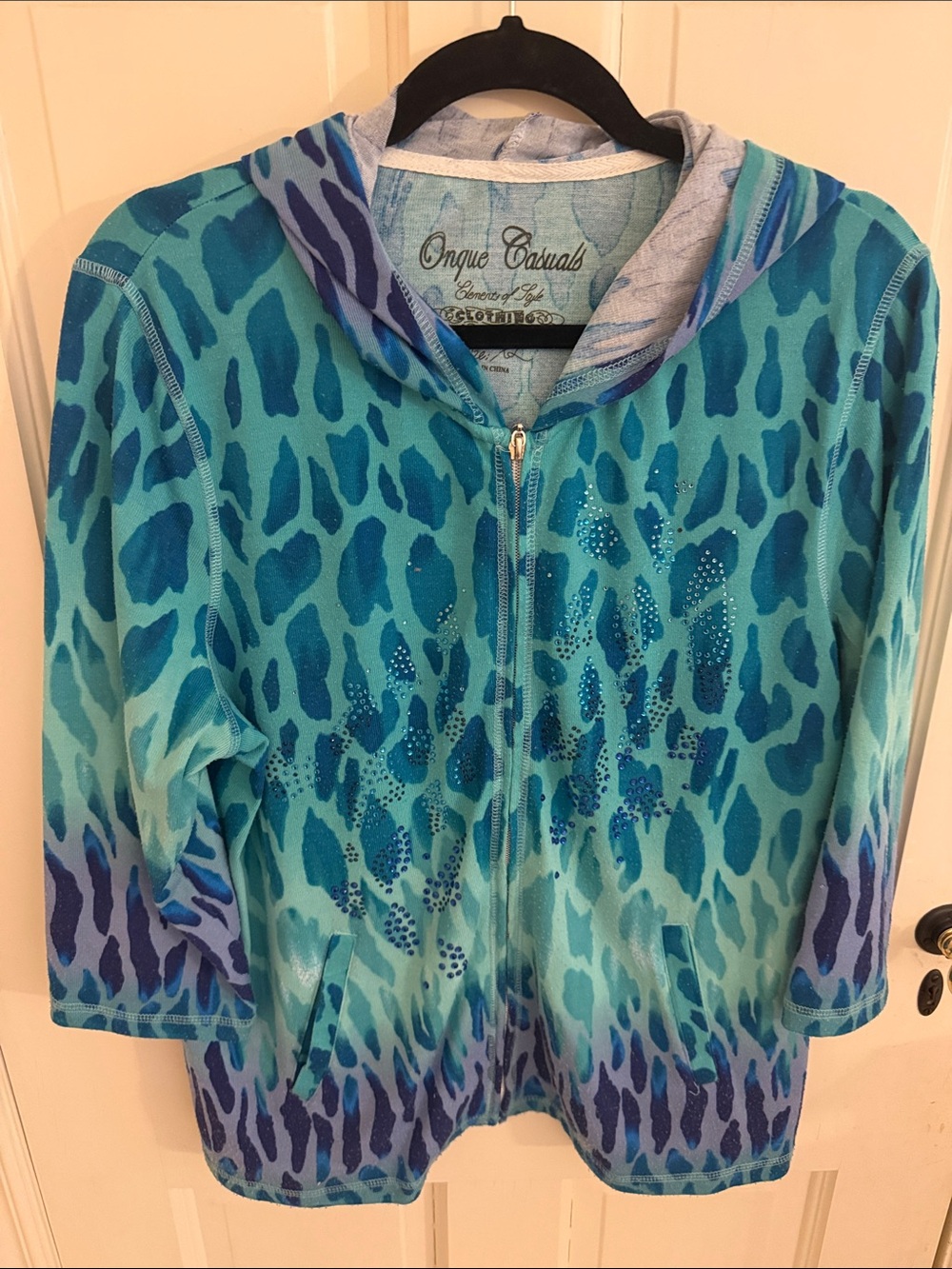 Teal & Turquoise Animal Print Zip Hoodie with Rhinestones